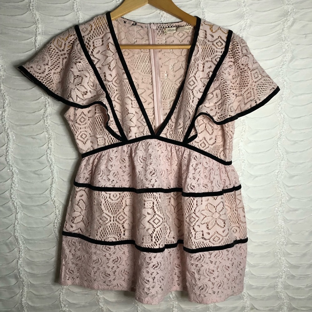 Chelsea & Violet crochet pink lace babydoll black velour trim